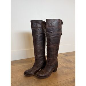 FRYE 7 Jane Tall Foldover Boots Distressed Leather Heel Brown Womens Brown